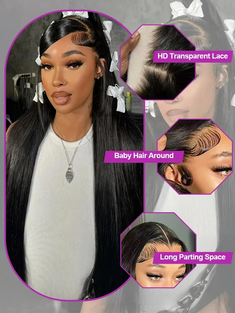 Premium 40 Inch Extra Long 250% Density Natural Black 13x4 HD Lace Frontal Bone Straight Silky Soft 13x6 Remy Human Hair Wigs Pre Plucked Hairline Invisible Bleached Knots Wear and Go 5x5 Glueless Closure Thick Full Ends