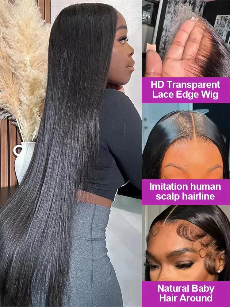 Premium 40 Inch Extra Long 250% Density Natural Black 13x4 HD Lace Frontal Bone Straight Silky Soft 13x6 Remy Human Hair Wigs Pre Plucked Hairline Invisible Bleached Knots Wear and Go 5x5 Glueless Closure Thick Full Ends