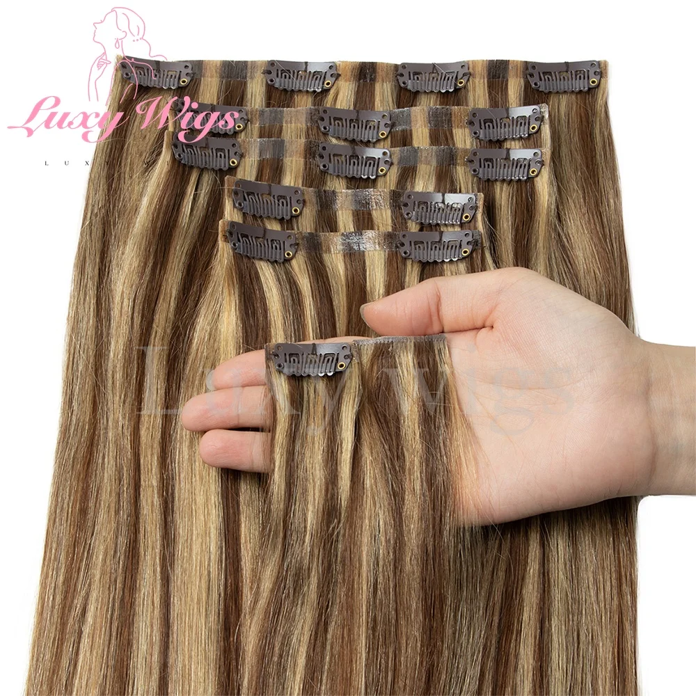 Invisible Clip In Hair Extensions Human Hair Balayge Blonde Brown Injected Seamless PU Weft Clip on Hair Extensions 7Pcs/set