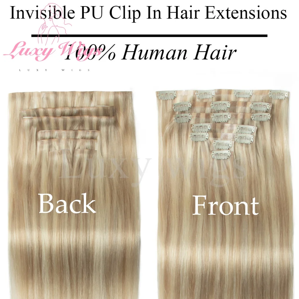 Invisible Clip In Hair Extensions Human Hair Balayge Blonde Brown Injected Seamless PU Weft Clip on Hair Extensions 7Pcs/set