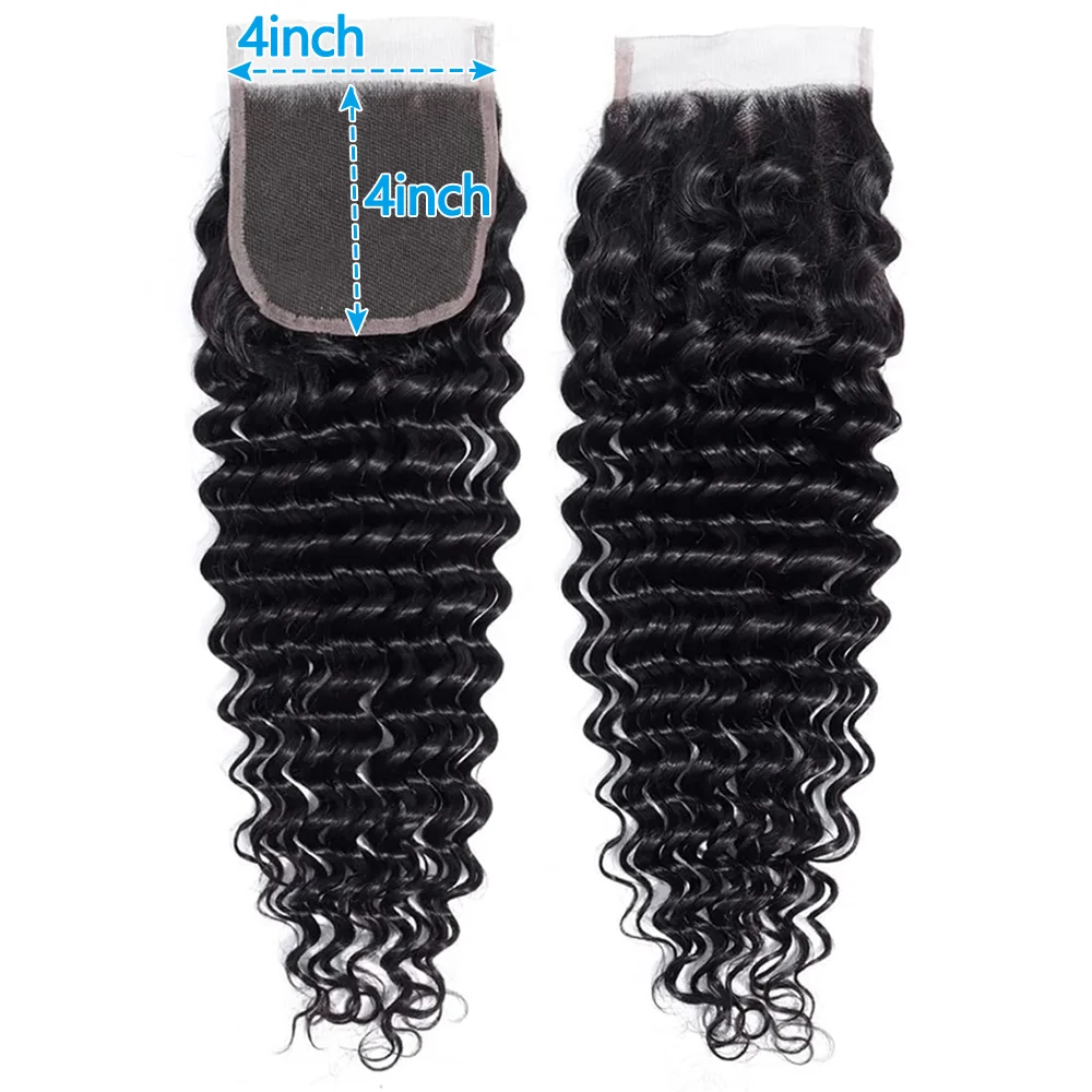 Deep Wave Natural Hair Extensions with Closure Brazilian Unprocessed Remy Human Hair Weave, 4x4 Lace Closure with 3/4 Bundles