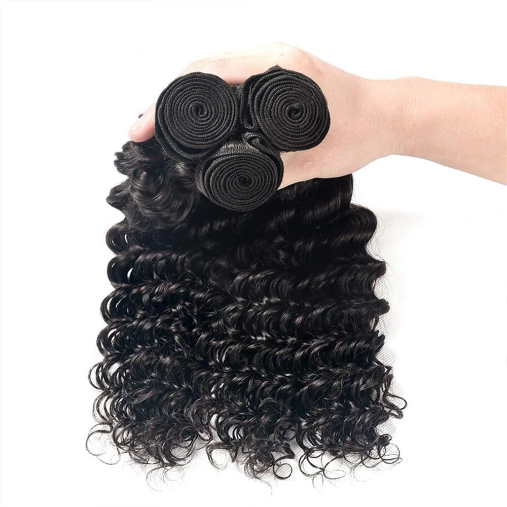Deep Wave Natural Hair Extensions with Closure Brazilian Unprocessed Remy Human Hair Weave, 4x4 Lace Closure with 3/4 Bundles