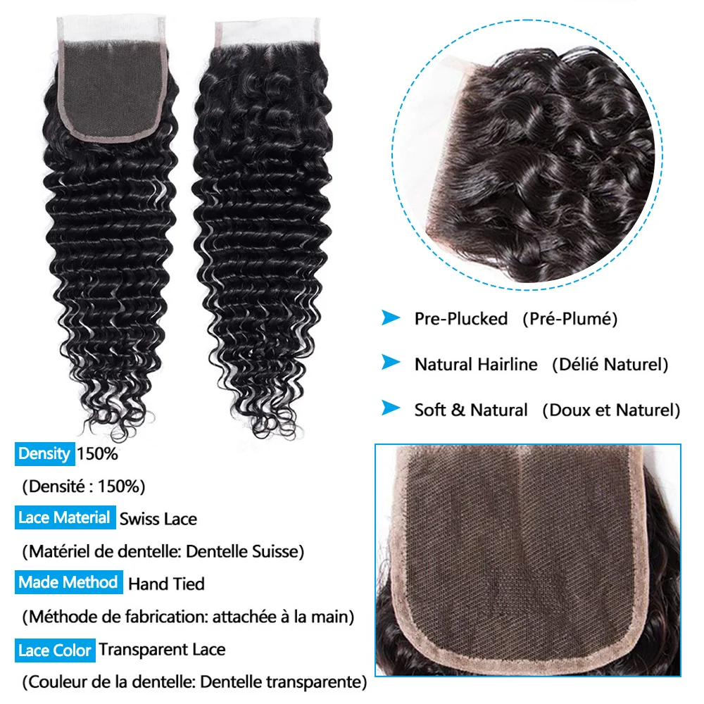 Deep Wave Natural Hair Extensions with Closure Brazilian Unprocessed Remy Human Hair Weave, 4x4 Lace Closure with 3/4 Bundles