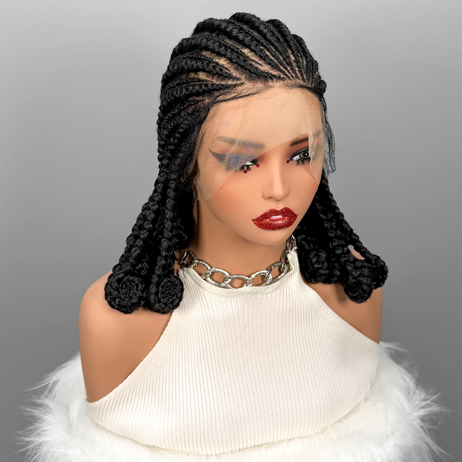 Handmade Synthetic Bantu Braiding Wigs Full Lace Natural Cornrow Braided Wigs for Black Women 16inch African Braids Hair Wigs
