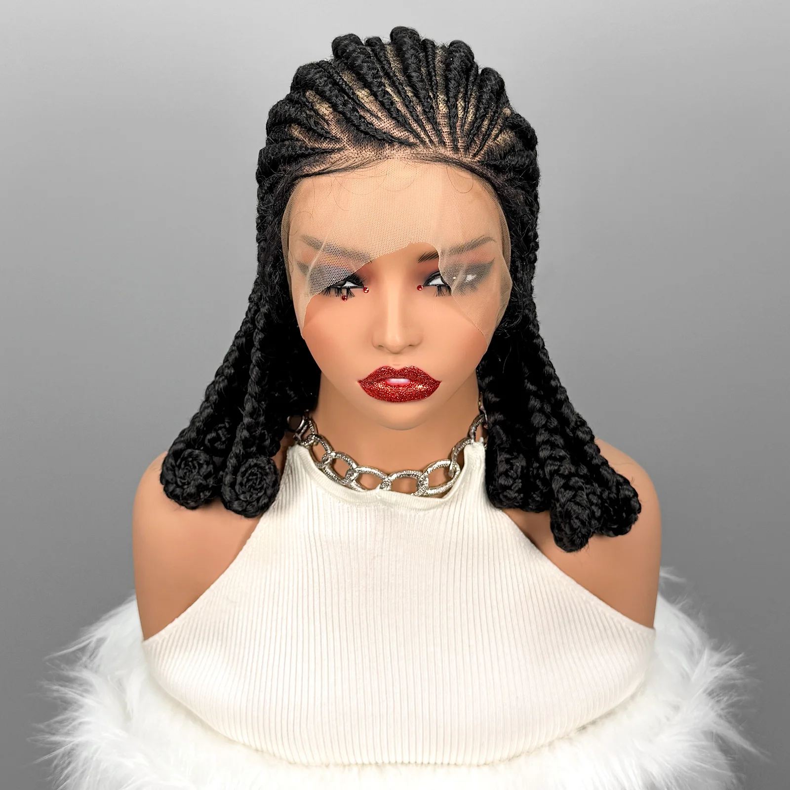 Handmade Synthetic Bantu Braiding Wigs Full Lace Natural Cornrow Braided Wigs for Black Women 16inch African Braids Hair Wigs