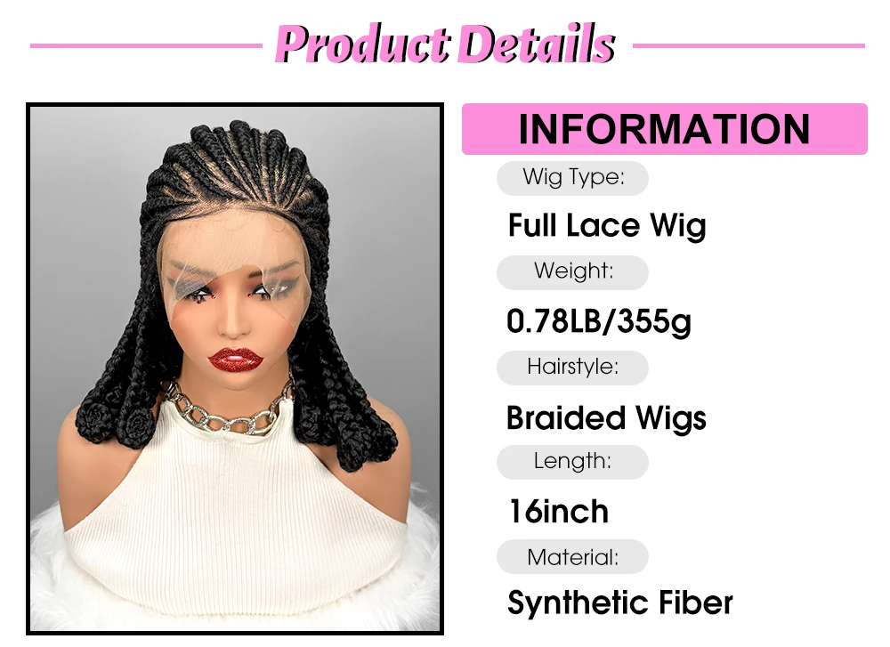 Handmade Synthetic Bantu Braiding Wigs Full Lace Natural Cornrow Braided Wigs for Black Women 16inch African Braids Hair Wigs