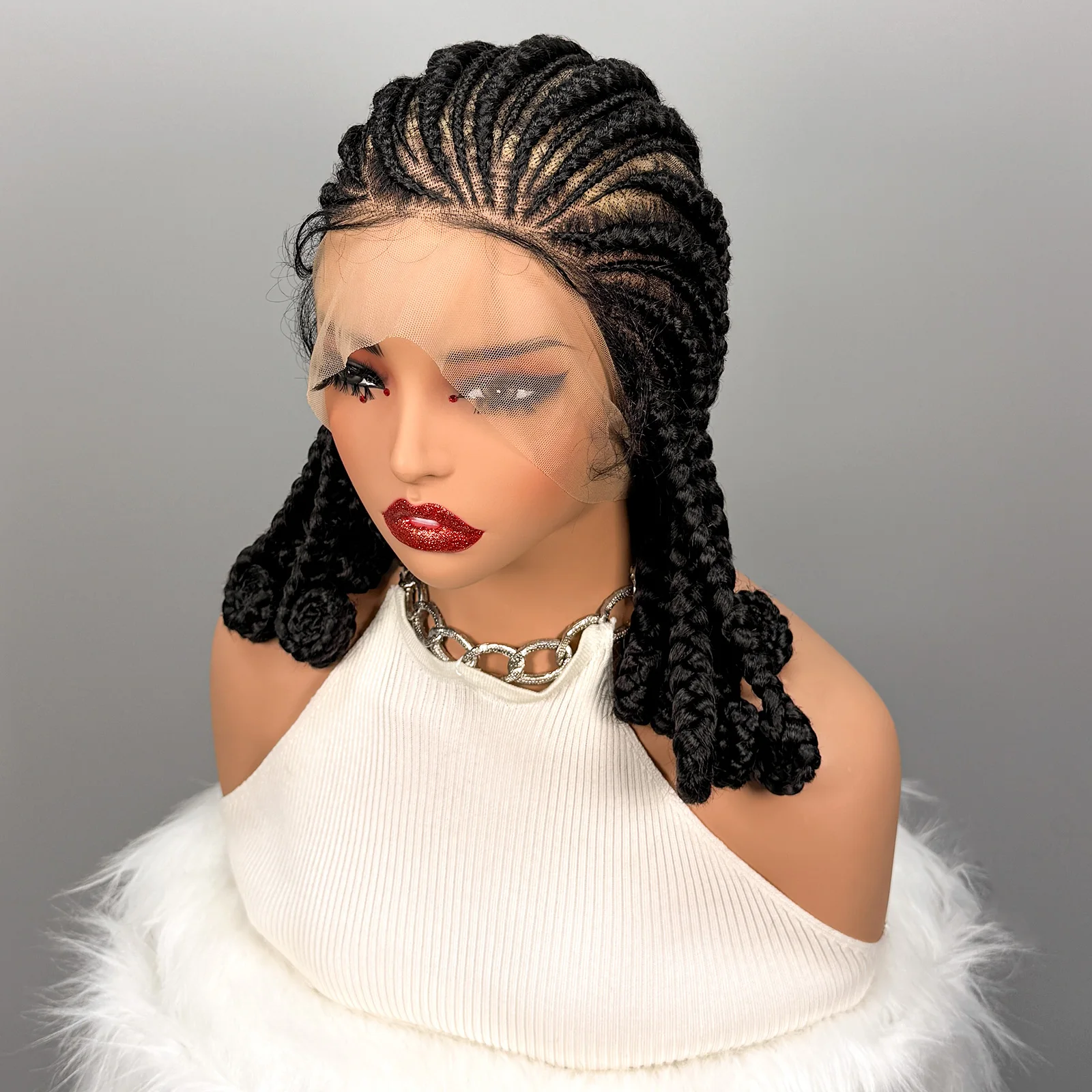 Handmade Synthetic Bantu Braiding Wigs Full Lace Natural Cornrow Braided Wigs for Black Women 16inch African Braids Hair Wigs