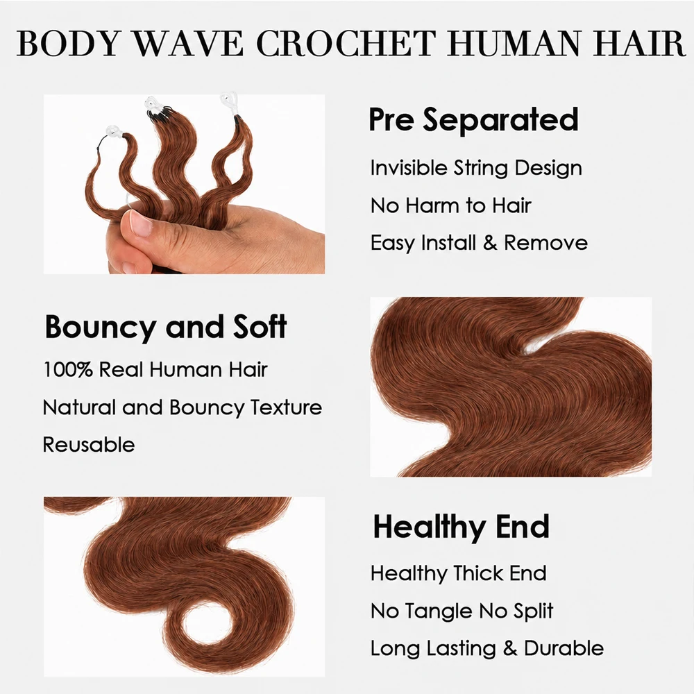 Brown Color Body Wave Crochet Human Hair Miracle Knots Feather Extensions Pre Separated For Boho Braids Lightweight Quick Install Natural Full Ends Reusable Protective Style Long Lasting Hair For Black Women