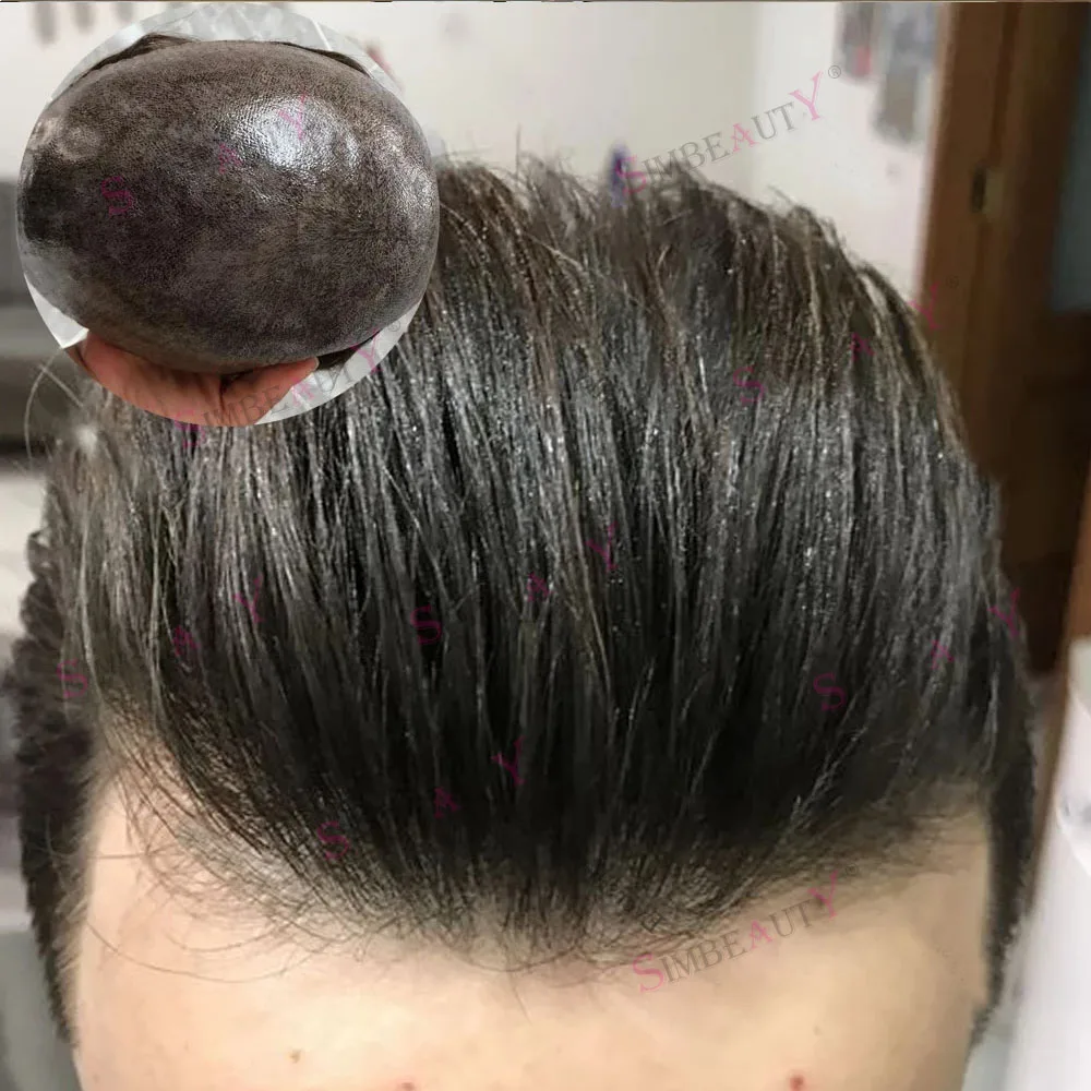 Men's Super Natural Hairline Toupee 1B50 1B80 Dark Brown Gray Black Transparent PU Undetectable Durable Thin Micro Skin Prosthes