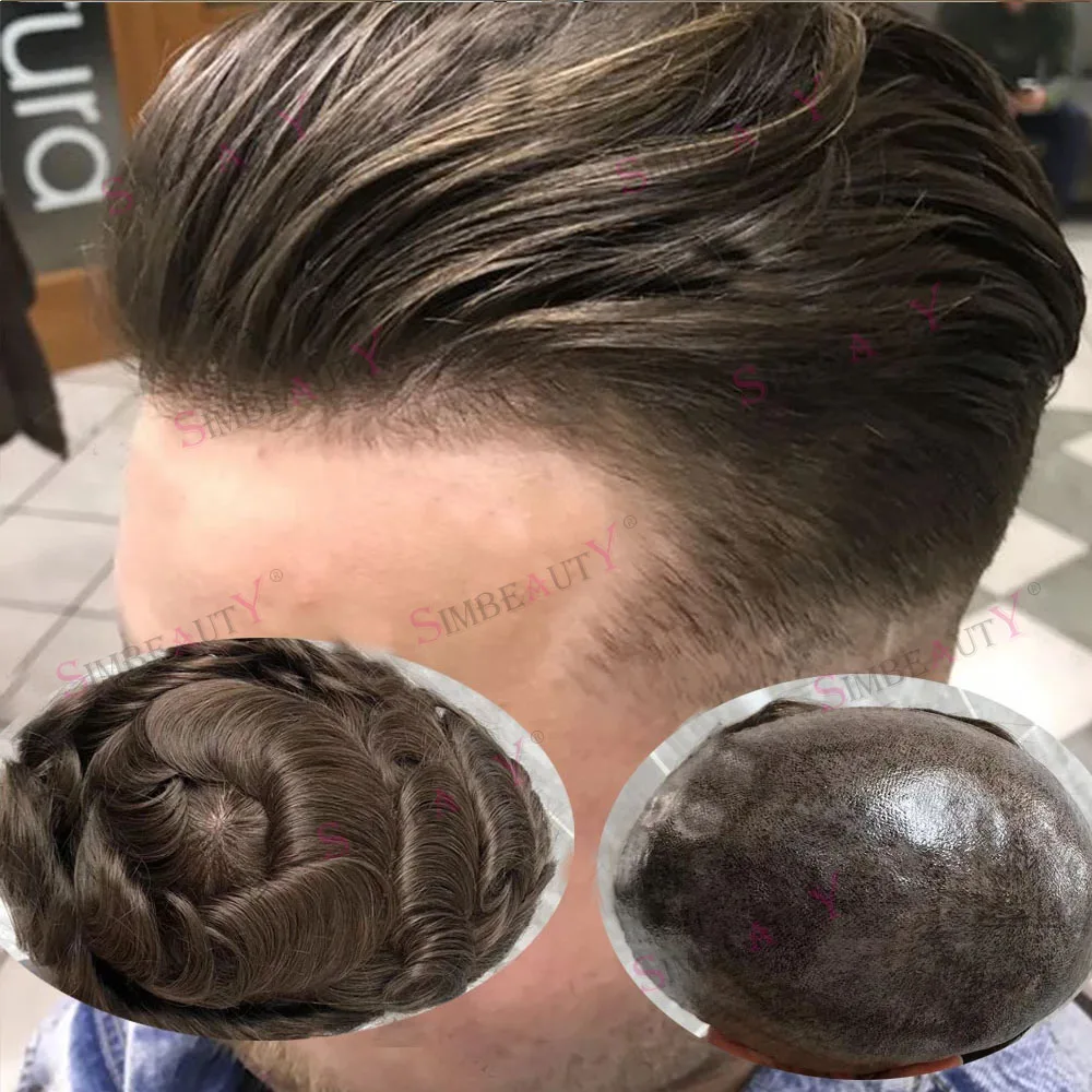 Men's Super Natural Hairline Toupee 1B50 1B80 Dark Brown Gray Black Transparent PU Undetectable Durable Thin Micro Skin Prosthes