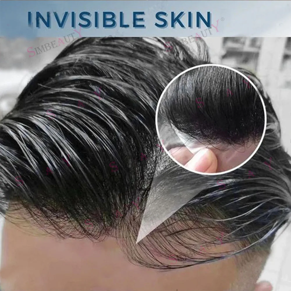 Men's Super Natural Hairline Toupee 1B50 1B80 Dark Brown Gray Black Transparent PU Undetectable Durable Thin Micro Skin Prosthes
