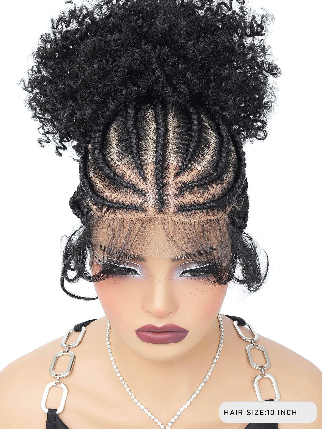 Synthetic Braided Wig with Buns Full Lace Cornrow Braids Wig for Black Women Frontal Braiding Wigs with Ponytail 10 inches