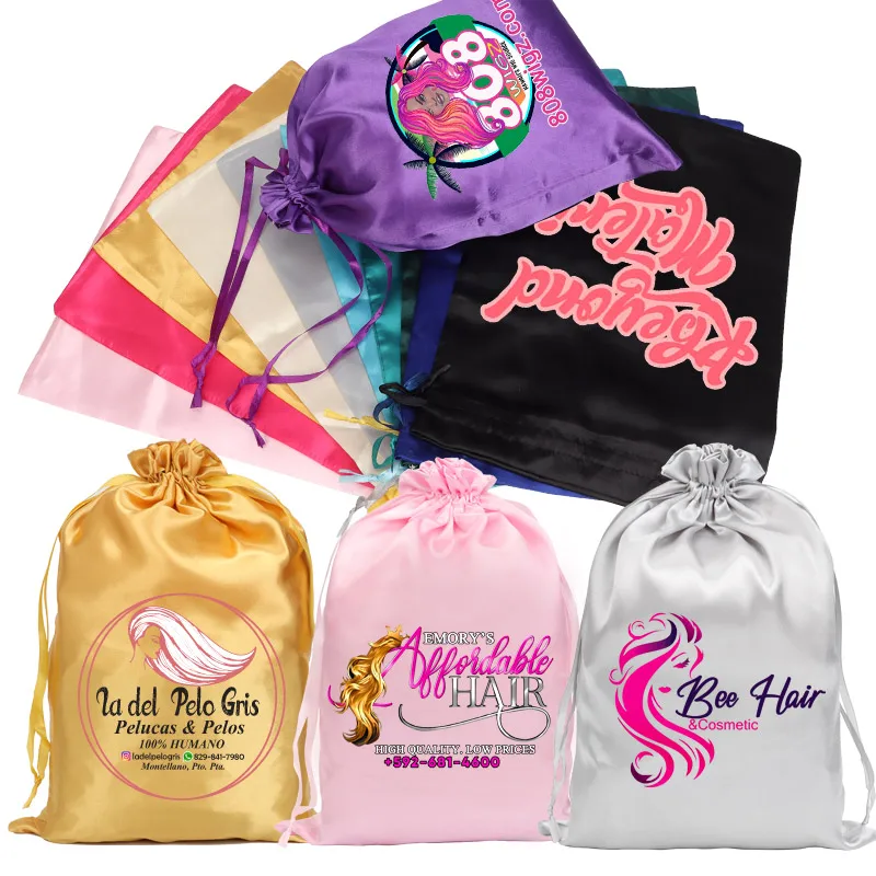 100Pcs Wholesale Silk Satin Bags Hair Packaging Bags Logo Custom Soft Silky Pouches Wigs Bags Hair Tools Storage Bags Home Salon