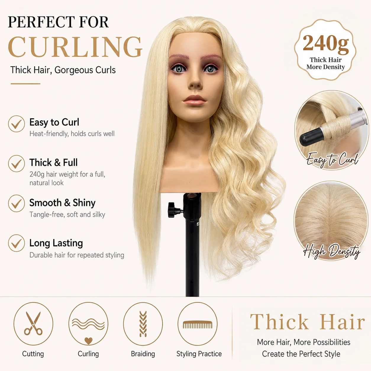 Long Hair Mannequin Head for Hair Styling Human Hair Doll Head for Braiding Cutting Practice Beautiful Female Salon Training