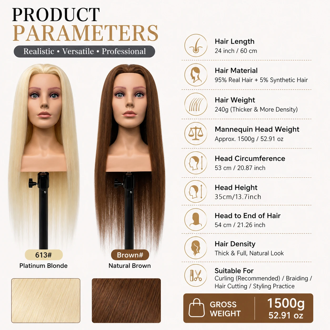 Long Hair Mannequin Head for Hair Styling Human Hair Doll Head for Braiding Cutting Practice Beautiful Female Salon Training