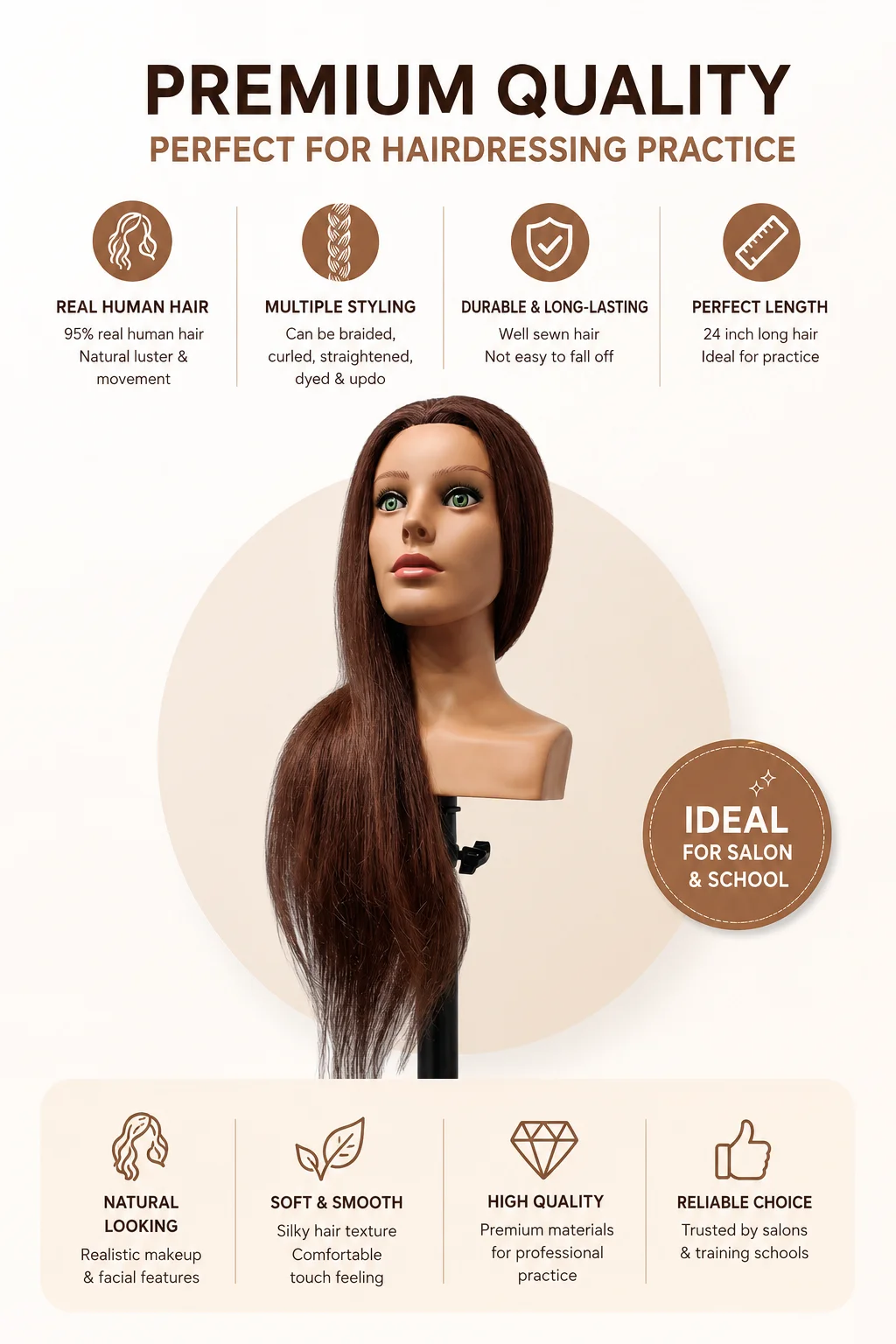 Long Hair Mannequin Head for Hair Styling Human Hair Doll Head for Braiding Cutting Practice Beautiful Female Salon Training