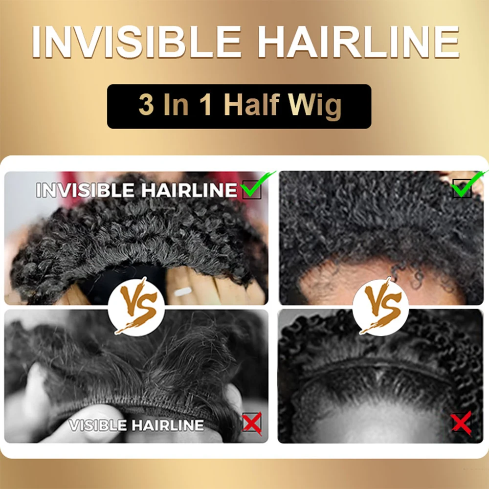 New Half Wig Wear & Go Drawstring Band Seamless Clip Ins Human Wig No Glue 4C Afro Kinky Remy Half Head Human Hair Wig for Women