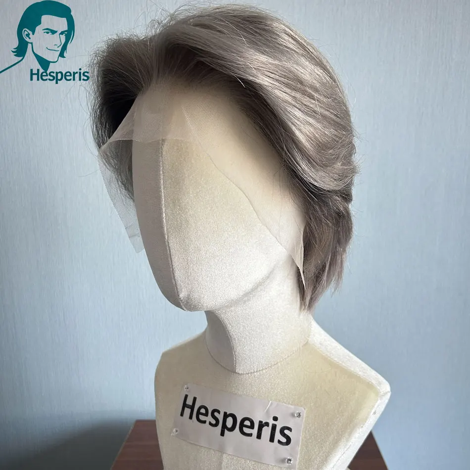 Hesperis Dark Gray Men's Human Hair Wigs Glueless Fashion Short Pre Plucked 13x4 Lace Front Wigs Cosplay Highlight Black Grey