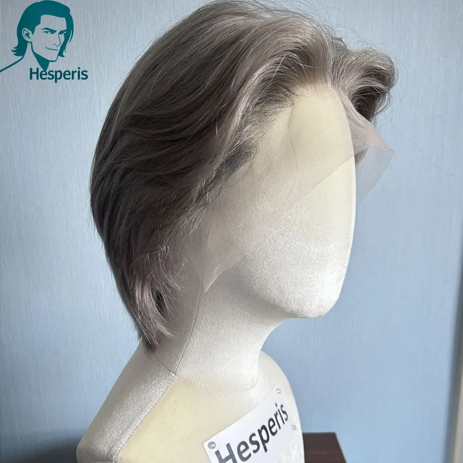 Hesperis Dark Gray Men's Human Hair Wigs Glueless Fashion Short Pre Plucked 13x4 Lace Front Wigs Cosplay Highlight Black Grey