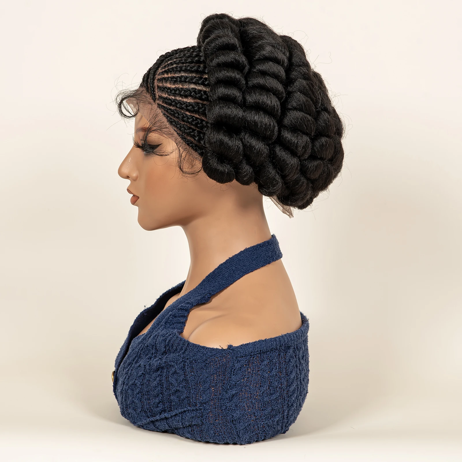 Synthetic Cornrow Braids Turban Wig Pre-Plucked Full Lace Braided Bantu Wig with Baby Hair 8Inch Natural Black for Black Women
