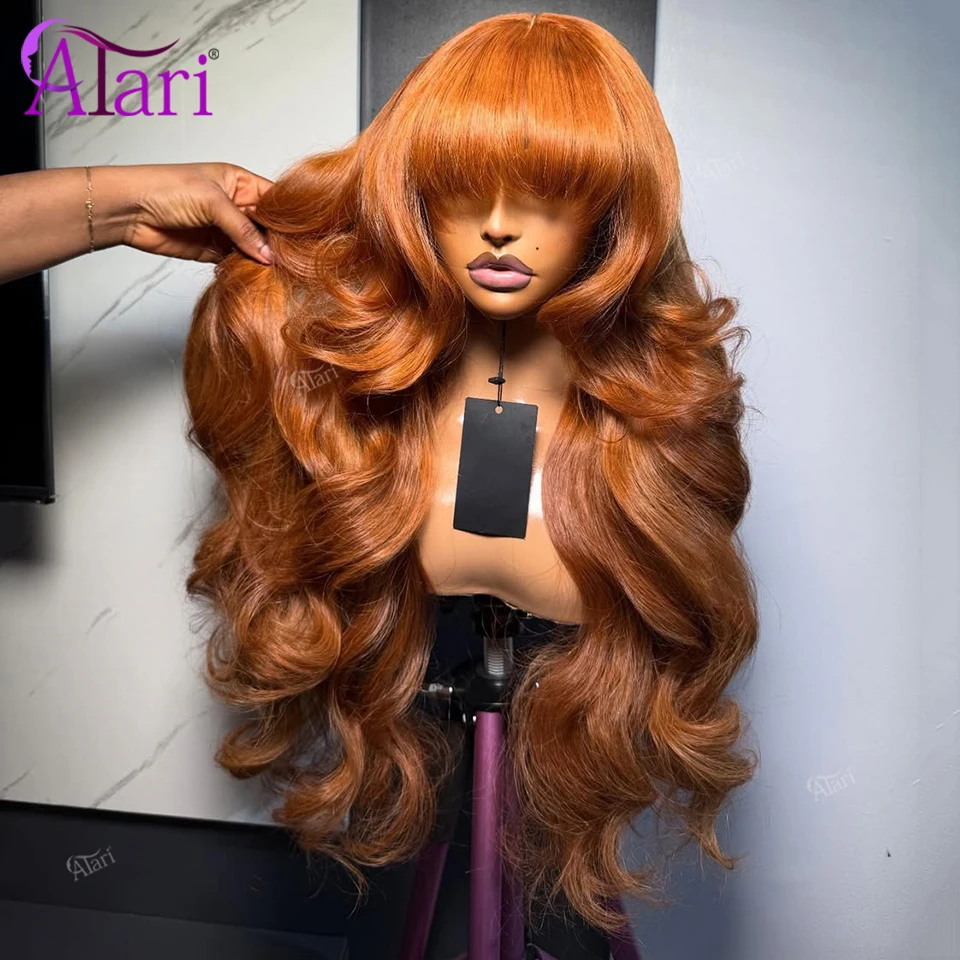 Ginger Orange with Bangs 13x4 Lace Front Body Wave Brazilian Wig Transparent 13x6 Lace Frontal Human Hair Wigs Pre Plucked