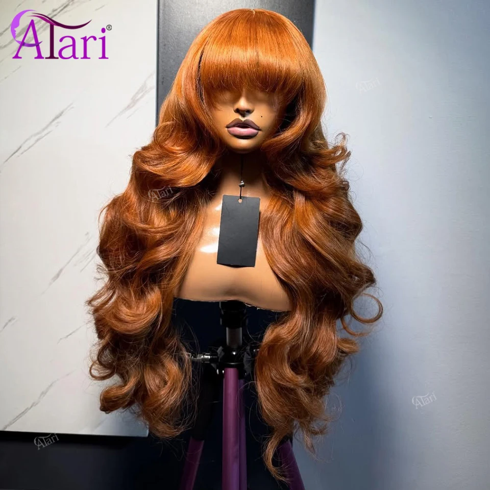 Ginger Orange with Bangs 13x4 Lace Front Body Wave Brazilian Wig Transparent 13x6 Lace Frontal Human Hair Wigs Pre Plucked