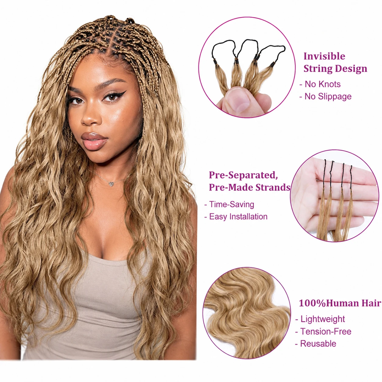 Body Wave Feather Crochet Human Hair Extensions Miracle Knots Honey Blonde Pre Separated Knotless Invisible Crochet Braids Human Braiding Hair Lightweight Comfortable Reusable Boho Hairstyle For Women