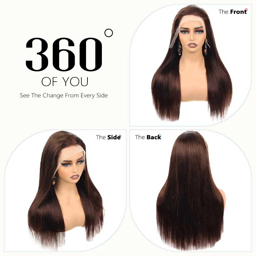 Chocolate Brown Bone Straight Dark Brown 200% Density 40 Inches 13x6 13x4 HD Transparent Lace Frontal Wig #4 Human Hair Wigs Pre Plucked For Women Brazilian Hair