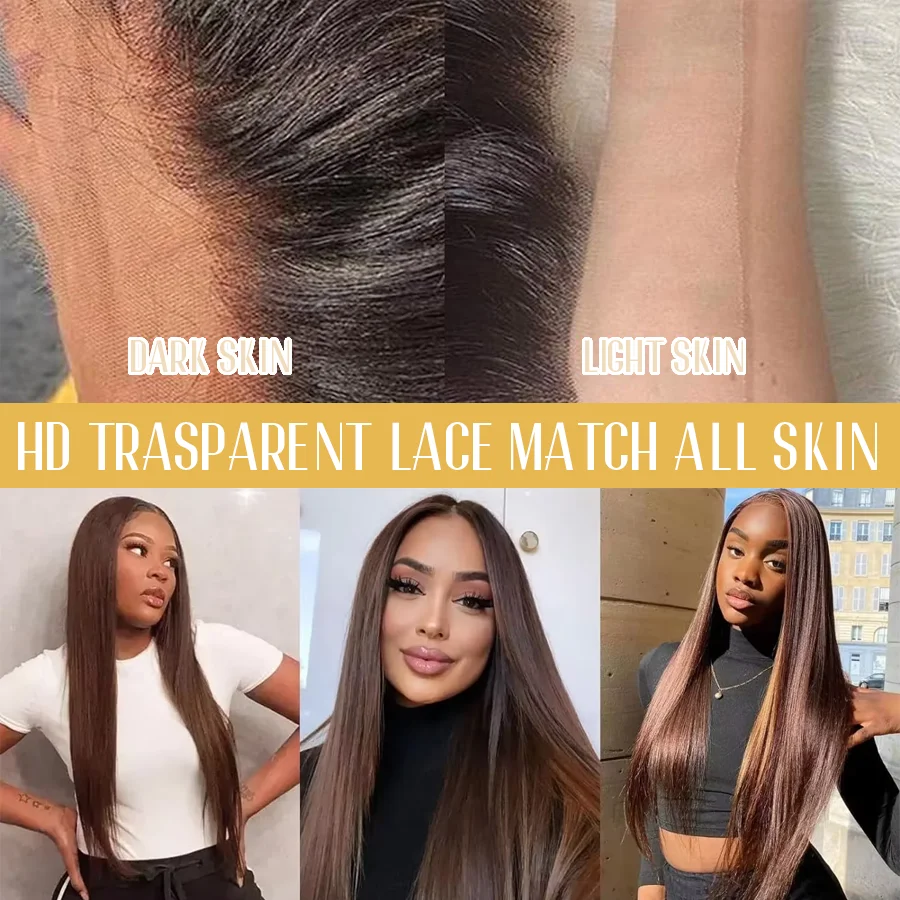 Chocolate Brown Bone Straight Dark Brown 200% Density 40 Inches 13x6 13x4 HD Transparent Lace Frontal Wig #4 Human Hair Wigs Pre Plucked For Women Brazilian Hair