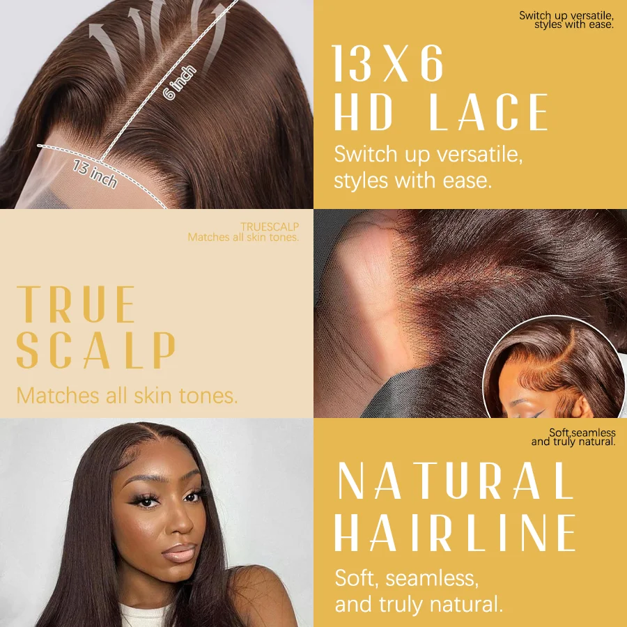 Chocolate Brown Bone Straight Dark Brown 200% Density 40 Inches 13x6 13x4 HD Transparent Lace Frontal Wig #4 Human Hair Wigs Pre Plucked For Women Brazilian Hair