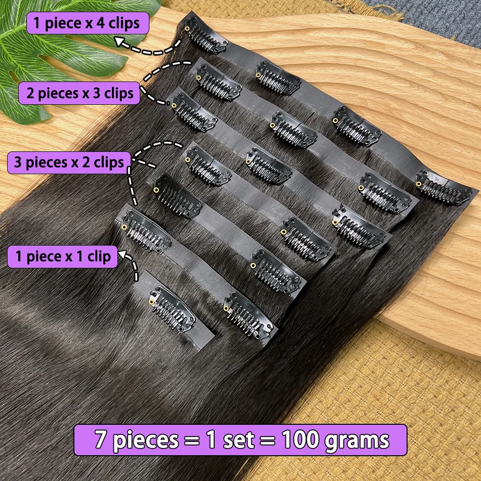 Straight PU Clip Ins Hair Extensions 100% Human Hair Natural Black Color 100g/Set 7pcs Seamless Invisible PU Weft For Women