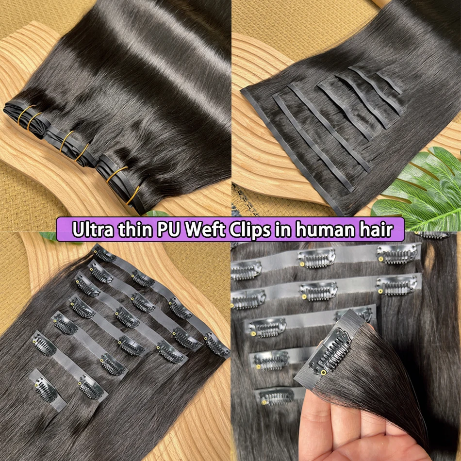 Straight PU Clip Ins Hair Extensions 100% Human Hair Natural Black Color 100g/Set 7pcs Seamless Invisible PU Weft For Women