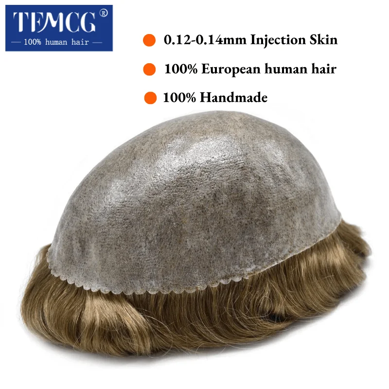 Men's capillary prothesis 0.12-0.14mm Injection Skin Toupee Men Wigs Male Hair Prosthesis Natural Human Hair System Wigs For Men