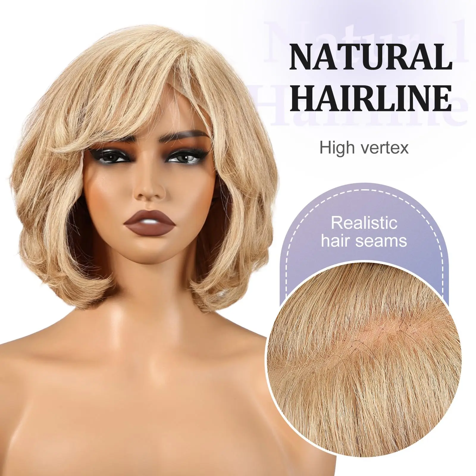 Blonde Remy Human Hair with Bangs Body Wave Short Bob Wigs Lace Frontal Wigs for White Women Daily Use 12 Inches Wavy Wigs Daily