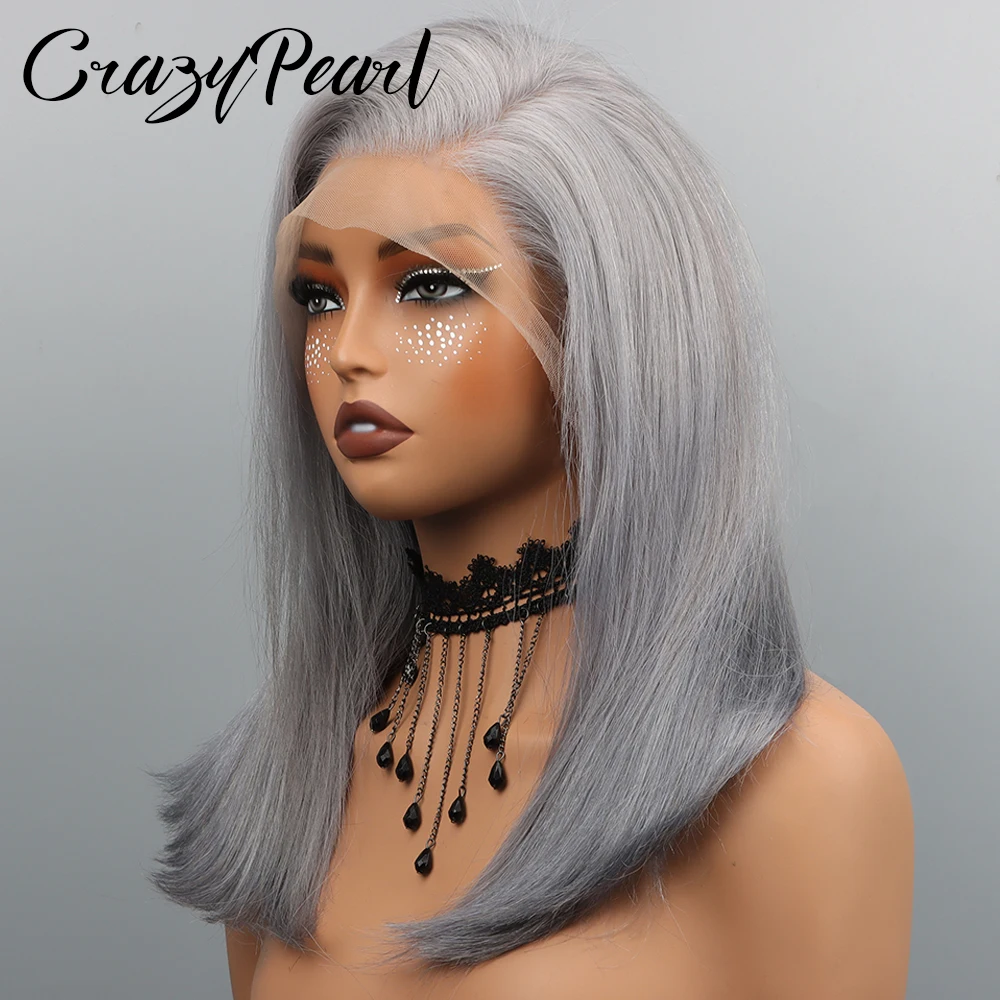 CrazyPearl Grey Bob Wig Human Hair Straight Lace Frontal Wig 13X4 Lace Front Bob Wig Preplucked 10Inch Short Human Hair Wigs