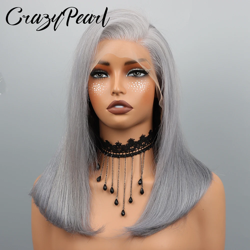CrazyPearl Grey Bob Wig Human Hair Straight Lace Frontal Wig 13X4 Lace Front Bob Wig Preplucked 10Inch Short Human Hair Wigs