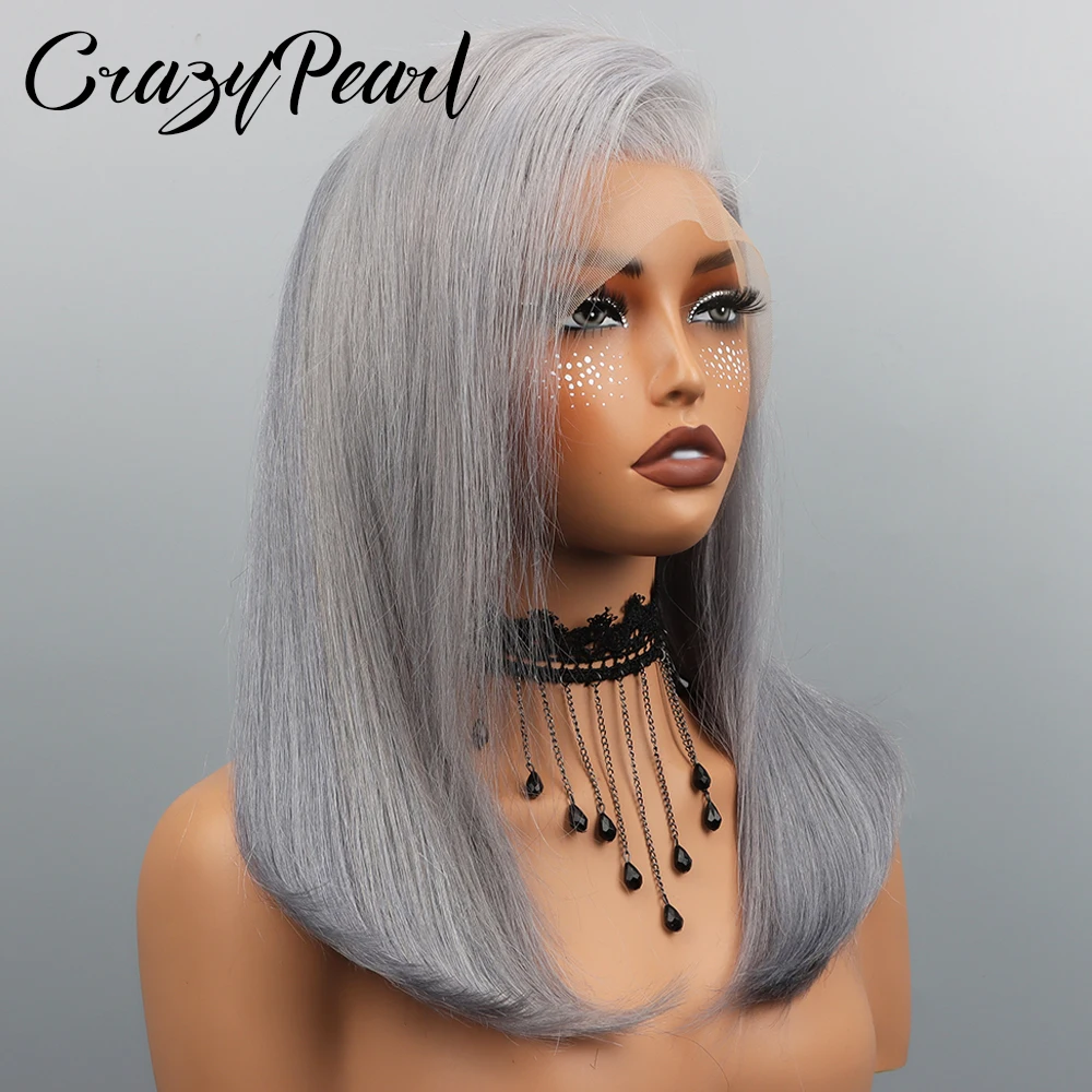 CrazyPearl Grey Bob Wig Human Hair Straight Lace Frontal Wig 13X4 Lace Front Bob Wig Preplucked 10Inch Short Human Hair Wigs