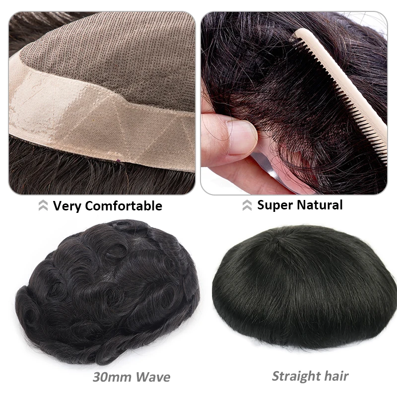 New Men Toupee Human Hair Wigs Fine Mono NPU Capillary Prosthesis Real Human Remy Hair System Male Grey Hair Toupee Hairpiece