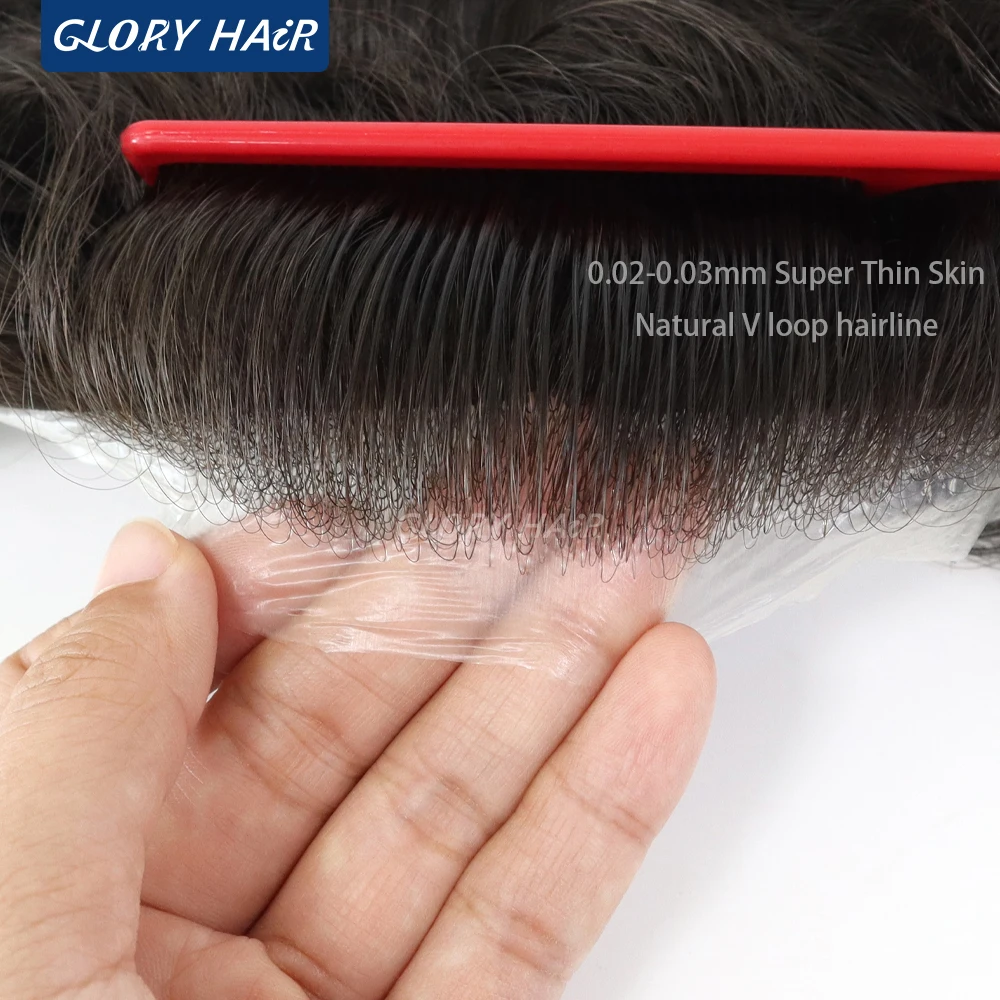 Gloryhair-NG Super Thin Skin Men Toupee 0.02-0.03mm V Loop Natural Hairline 90% Density Invisible Male Hair Unit Wig