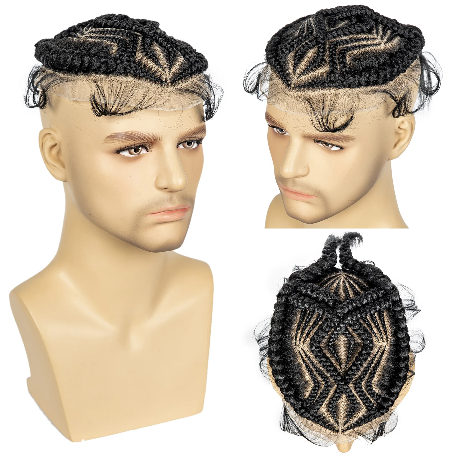 Men's Toupee Hair HD Full Lace Male Hairpieces with Cornrow Braids White Hair Reaplcement Synthetic Short Hair Topper for Men