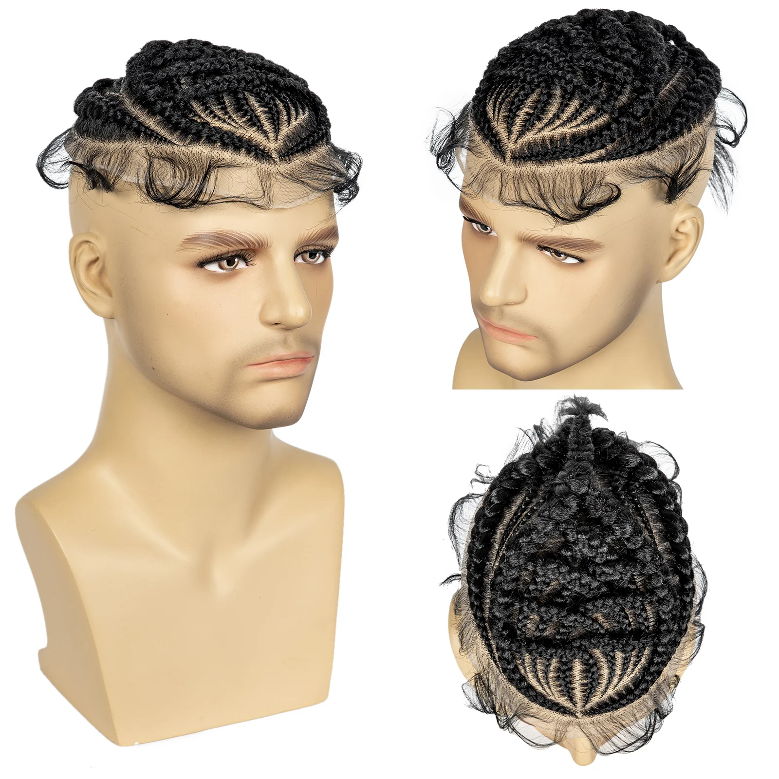 Men's Toupee Hair HD Full Lace Male Hairpieces with Cornrow Braids White Hair Reaplcement Synthetic Short Hair Topper for Men
