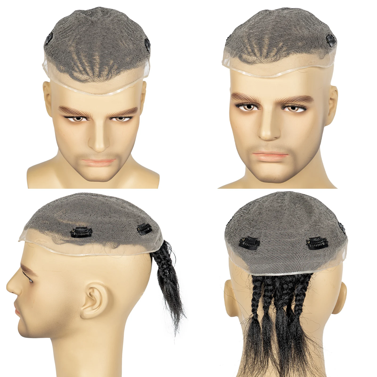 Men's Toupee Hair HD Full Lace Male Hairpieces with Cornrow Braids White Hair Reaplcement Synthetic Short Hair Topper for Men