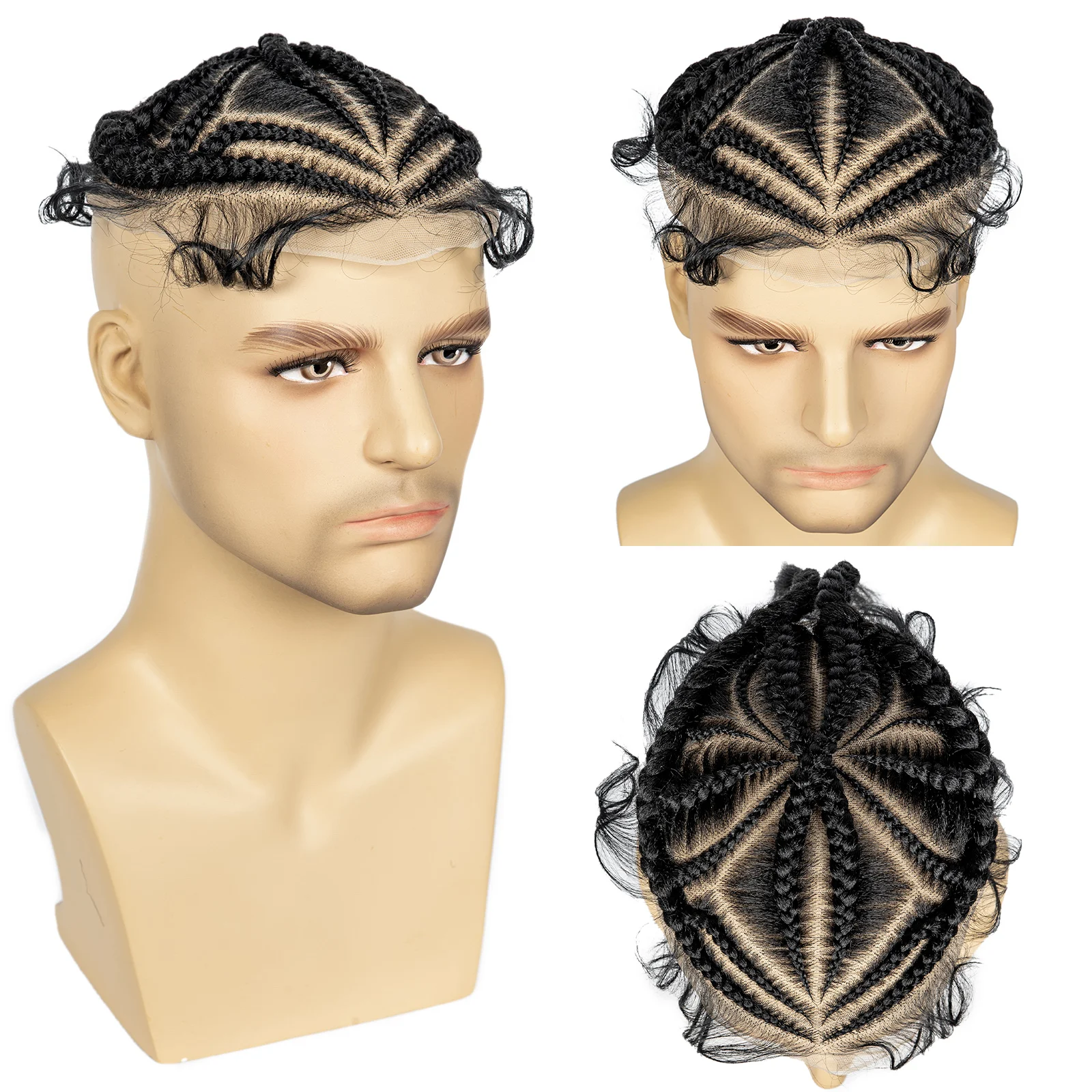Men's Toupee Hair HD Full Lace Male Hairpieces with Cornrow Braids White Hair Reaplcement Synthetic Short Hair Topper for Men