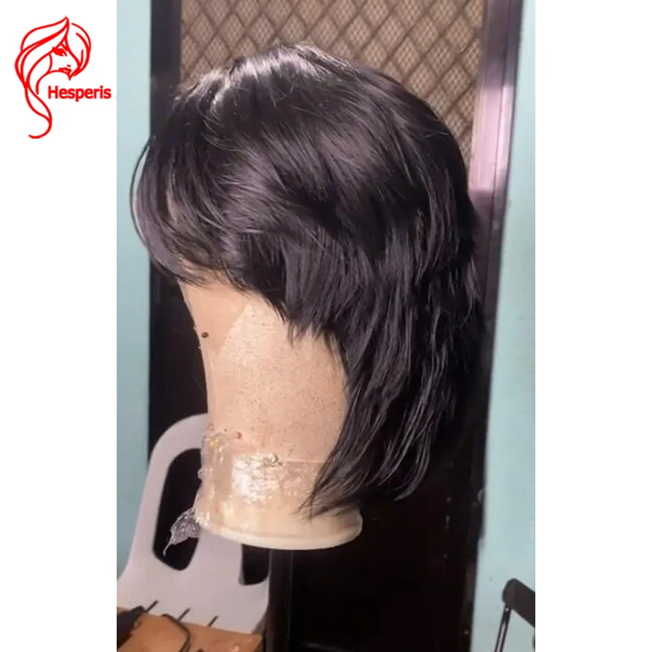 Hesperis Mens Wolf Cut Mullet Lace Wigs Natural Wavy Lace Front Human Hair Wigs For Male Layered Short Cut Pixie Wig For Boy