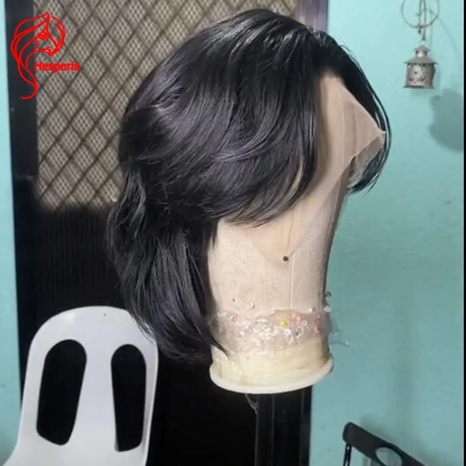 Hesperis Mens Wolf Cut Mullet Lace Wigs Natural Wavy Lace Front Human Hair Wigs For Male Layered Short Cut Pixie Wig For Boy