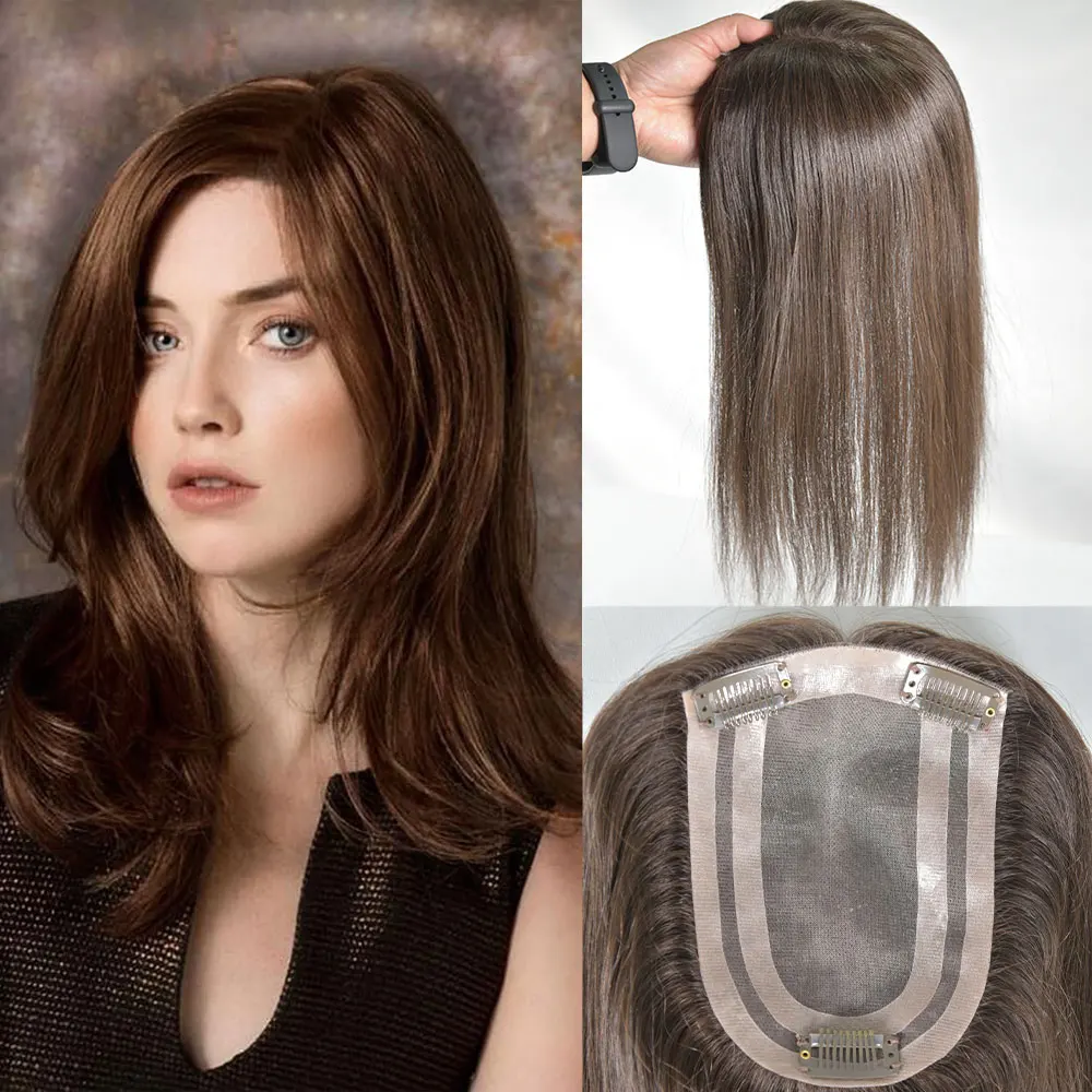 Hair Topper for Women Real Human Hair Clip in Hair Hairpieces for Women No Bangs Top Base Mono Lace 4x6inch Brown Color 14inch