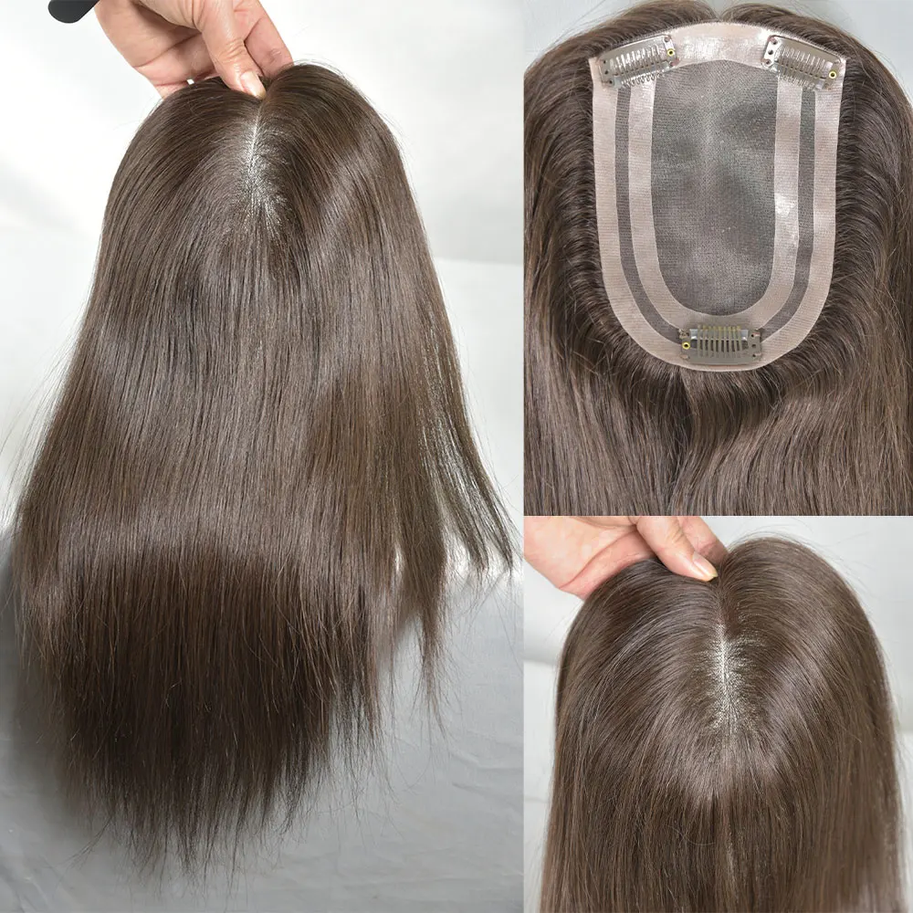 Hair Topper for Women Real Human Hair Clip in Hair Hairpieces for Women No Bangs Top Base Mono Lace 4x6inch Brown Color 14inch