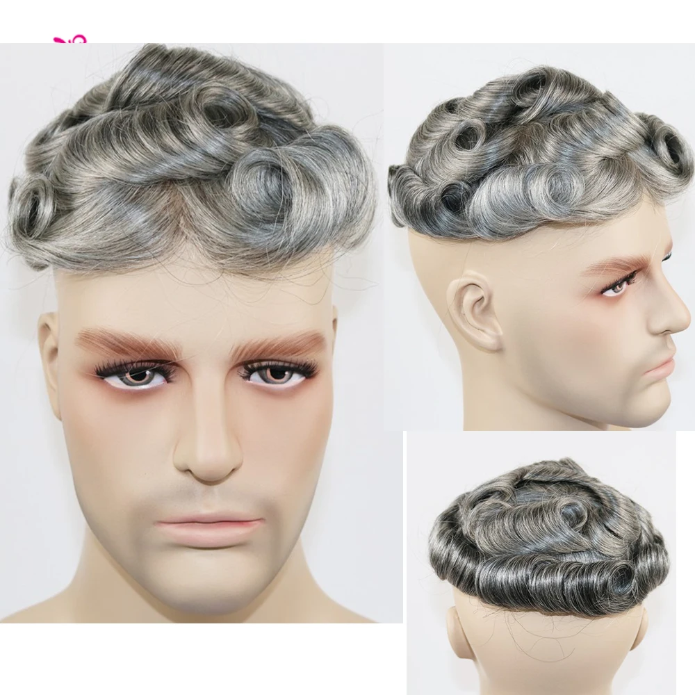 0.04- 0.06mm Natural Hairline Ultra Thin Skin Invisible Mens Toupee Cool Blonde Grey Male Human Hair Capillary Prosthesis System