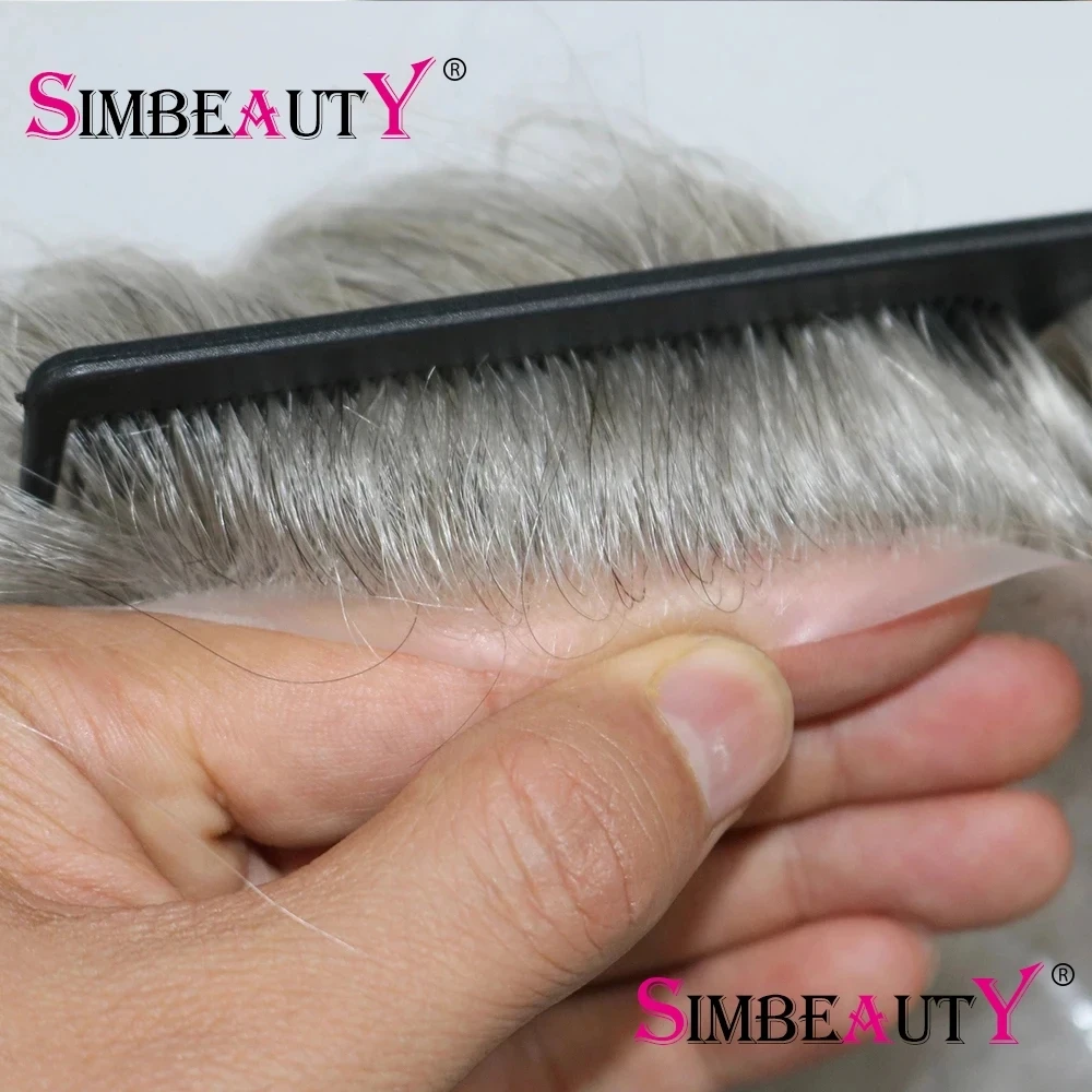 0.04- 0.06mm Natural Hairline Ultra Thin Skin Invisible Mens Toupee Cool Blonde Grey Male Human Hair Capillary Prosthesis System