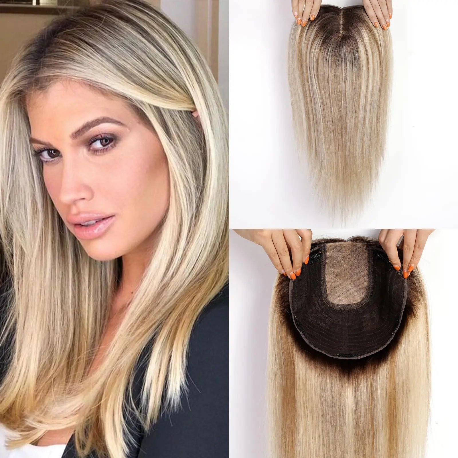 16 Inches Straight Human Hair Toppers Light Blonde Dark Root Hair Toppers for Women Hairpieces Extensions 3 Clips In Hair Topper
